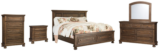 Flynnter Queen Panel Bed with 2 Storage Drawers with Mirrored Dresser, Chest and Nightstand