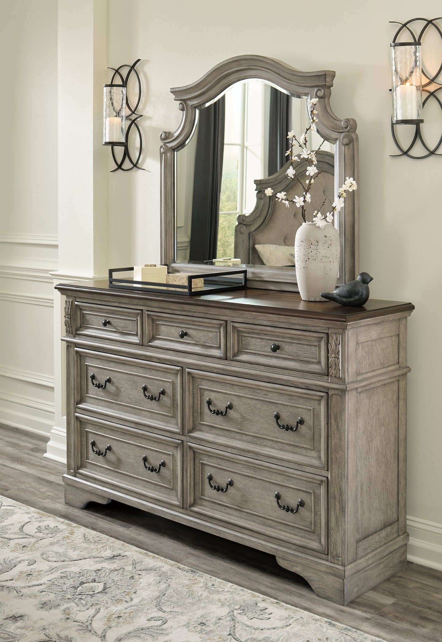 Lodenbay California King Panel Bed with Mirrored Dresser, Chest and Nightstand