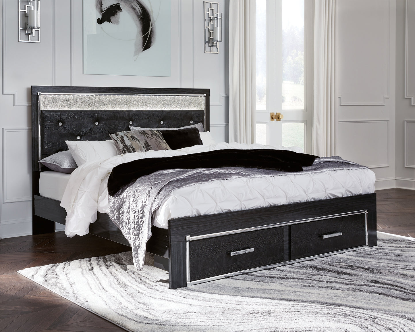 Kaydell King Upholstered Panel Storage Bed with Mirrored Dresser and Chest