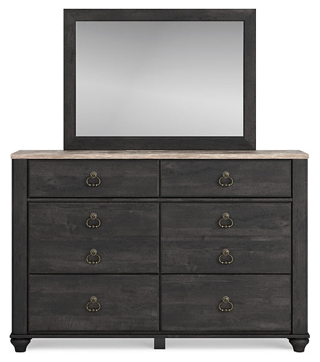 Nanforth King Panel Bed with Mirrored Dresser and Nightstand