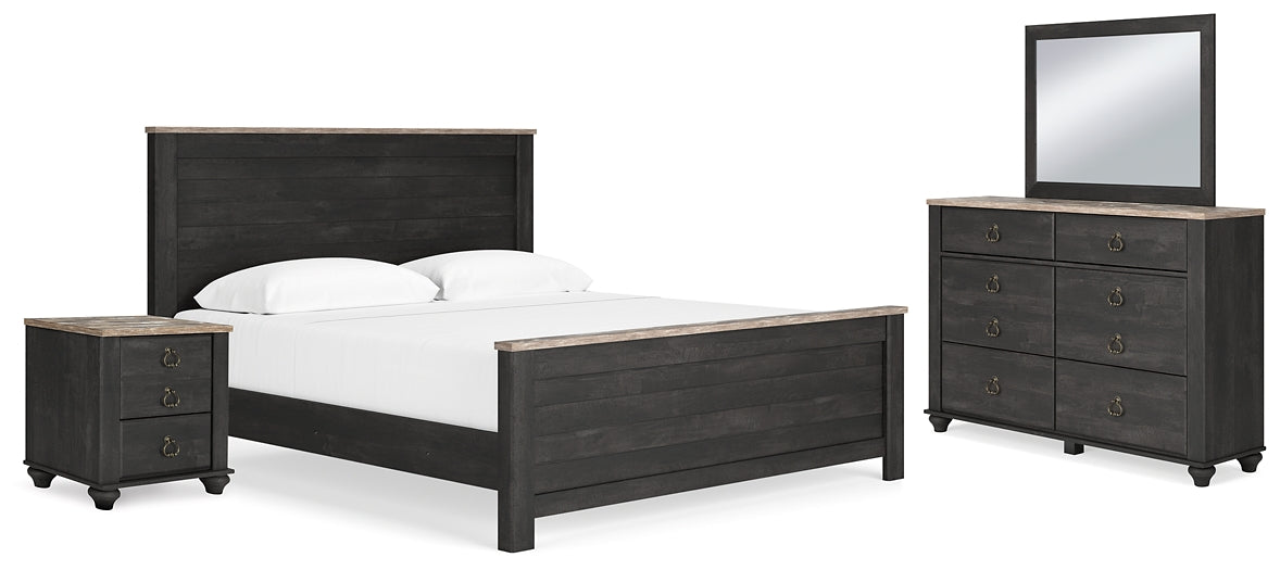 Nanforth King Panel Bed with Mirrored Dresser and Nightstand